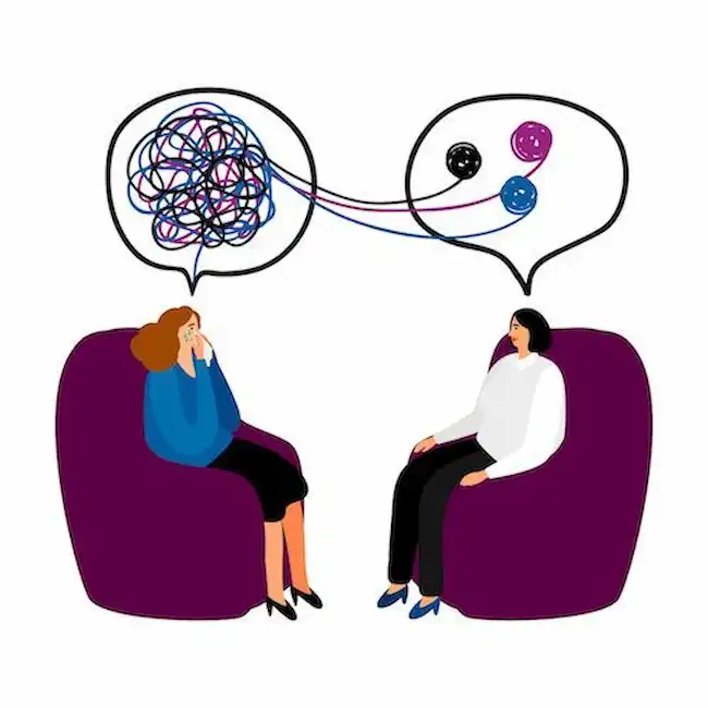 Ilustración de dos mujeres sentadas en sillones, una compartiendo pensamientos confusos que la otra organiza visualmente en una conversación.