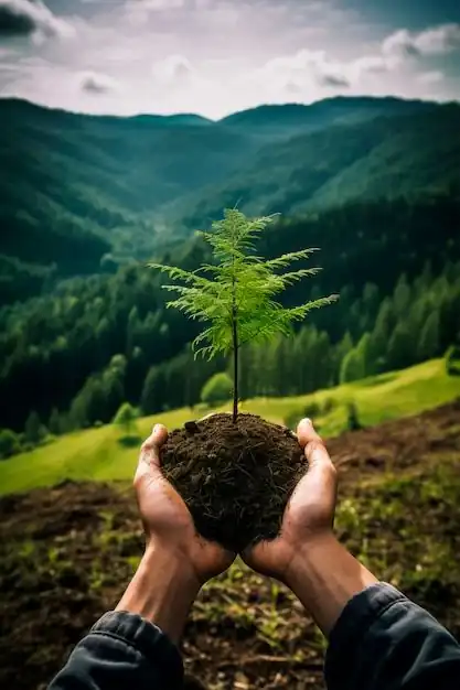 Manos sosteniendo un plantin con un paisaje de bosque.